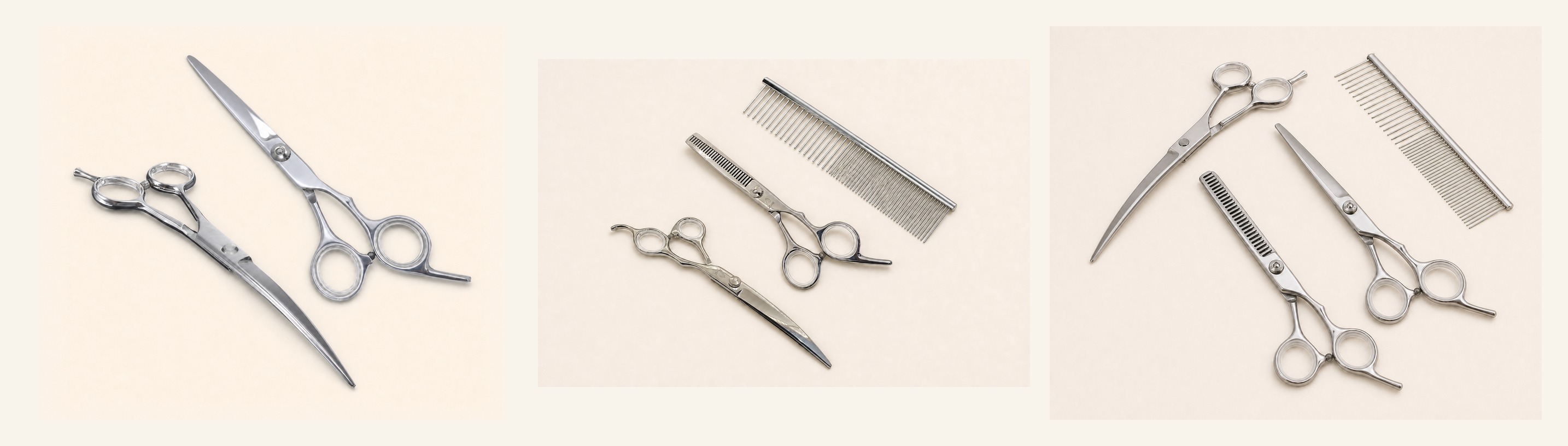 Comparación de tres kits Zeat de tijeras para peluquería canina con argollas transparentes de silicona