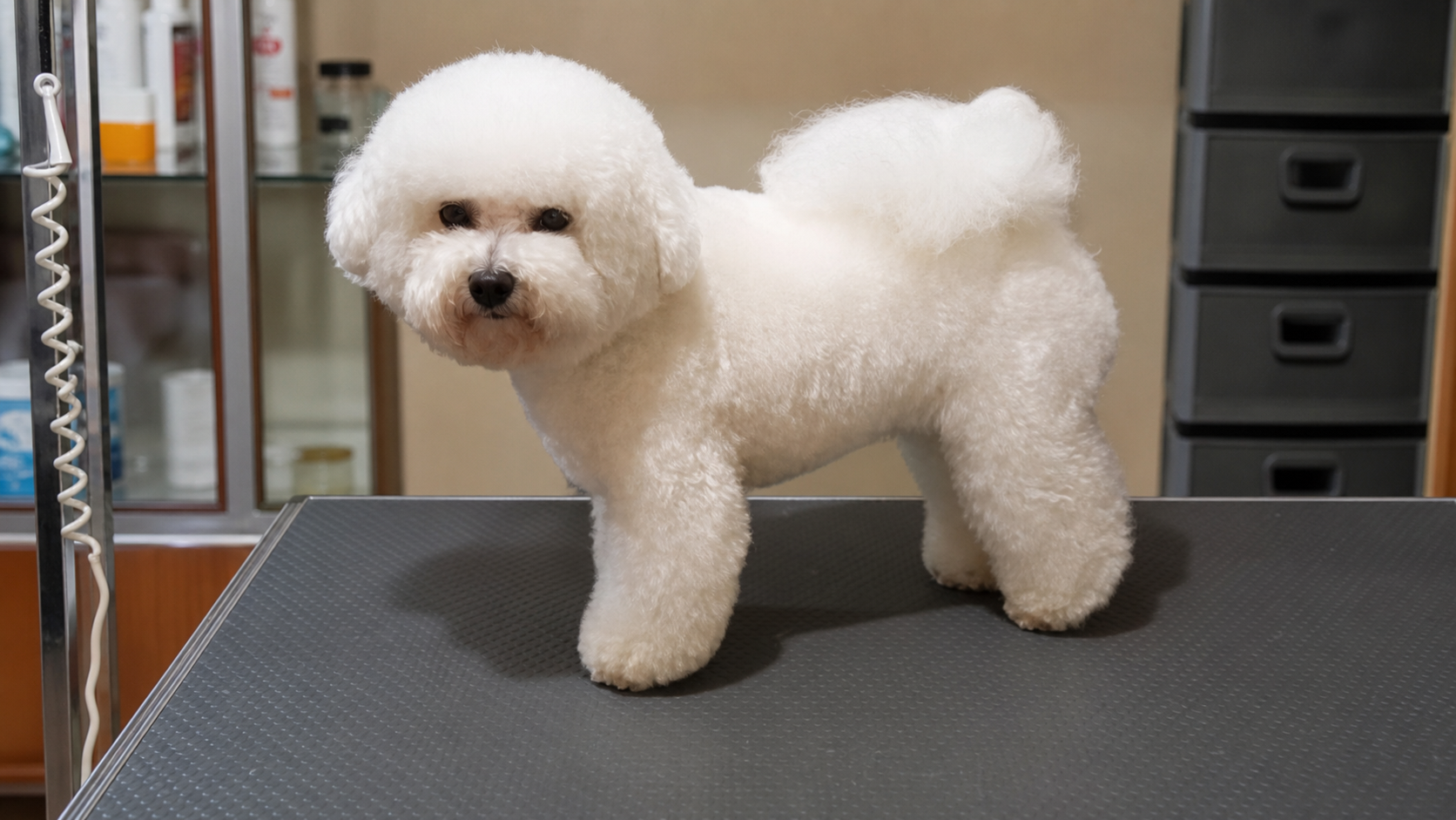 Caniche blanco con corte terminado sobre una mesa de peluquería canina