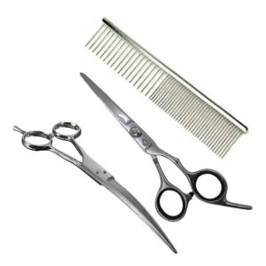 Kit 2 Tijeras Peluquería Canina Tijera Curva Y Recta + Peine