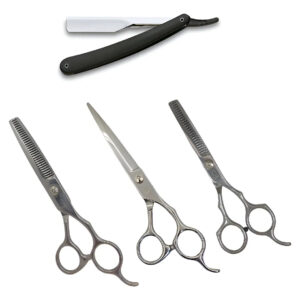 Kit 3 Tijeras Corte Navaja Entresacar Y Pulir + Navaja Plateado