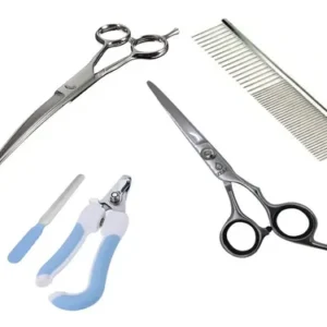 Kit De Tijeras Curva Y Recta + Peine + Alicate Canina