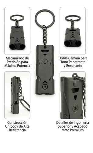 Silbato Supervivencia Tactico Edc Doble Camara Metalico Gris Oscuro - Image 2
