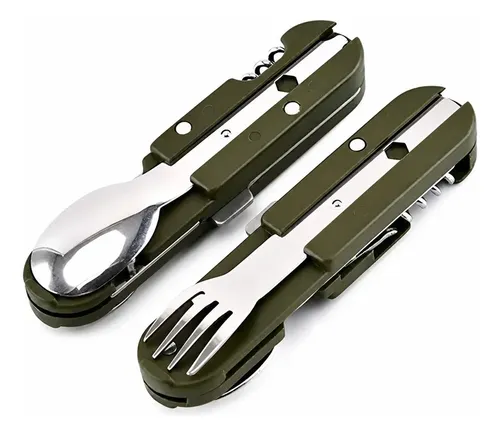 Set Cubiertos Multifunción 5 en 1 Camping Verde Oscuro